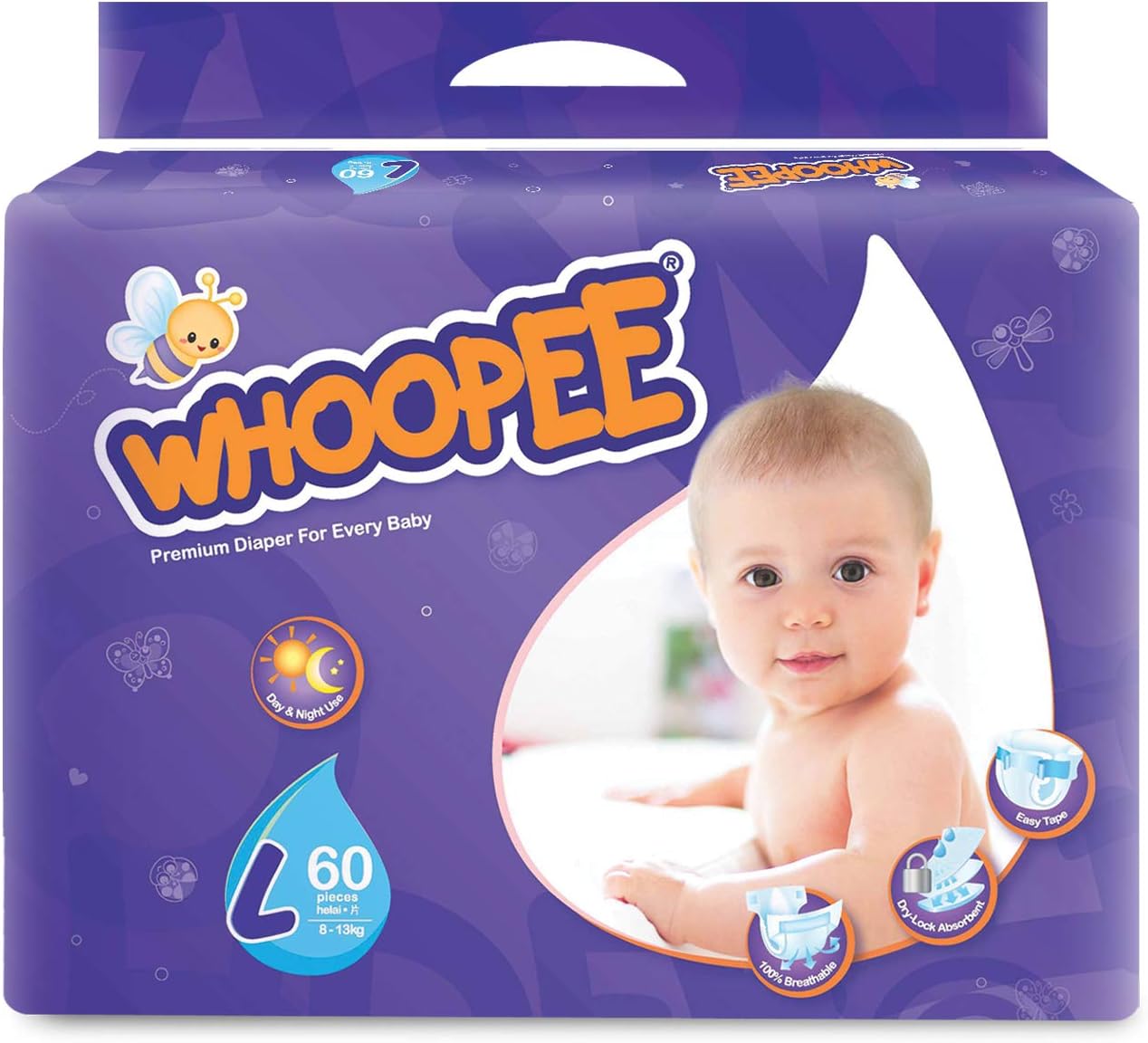 WHOOPEE Premium Diaper 60 Pieces 8 - 13KG L (Made in Malaysia)     ⭐⭐⭐⭐⭐